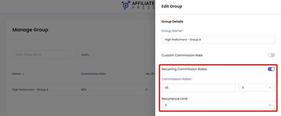 affiliatepress group level recurring commission setting