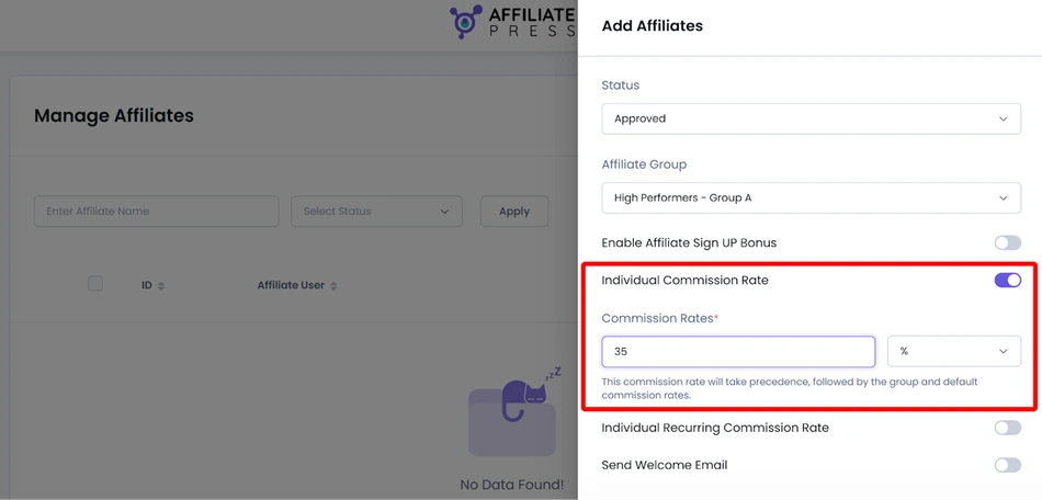 affiliatepress individual commission setting